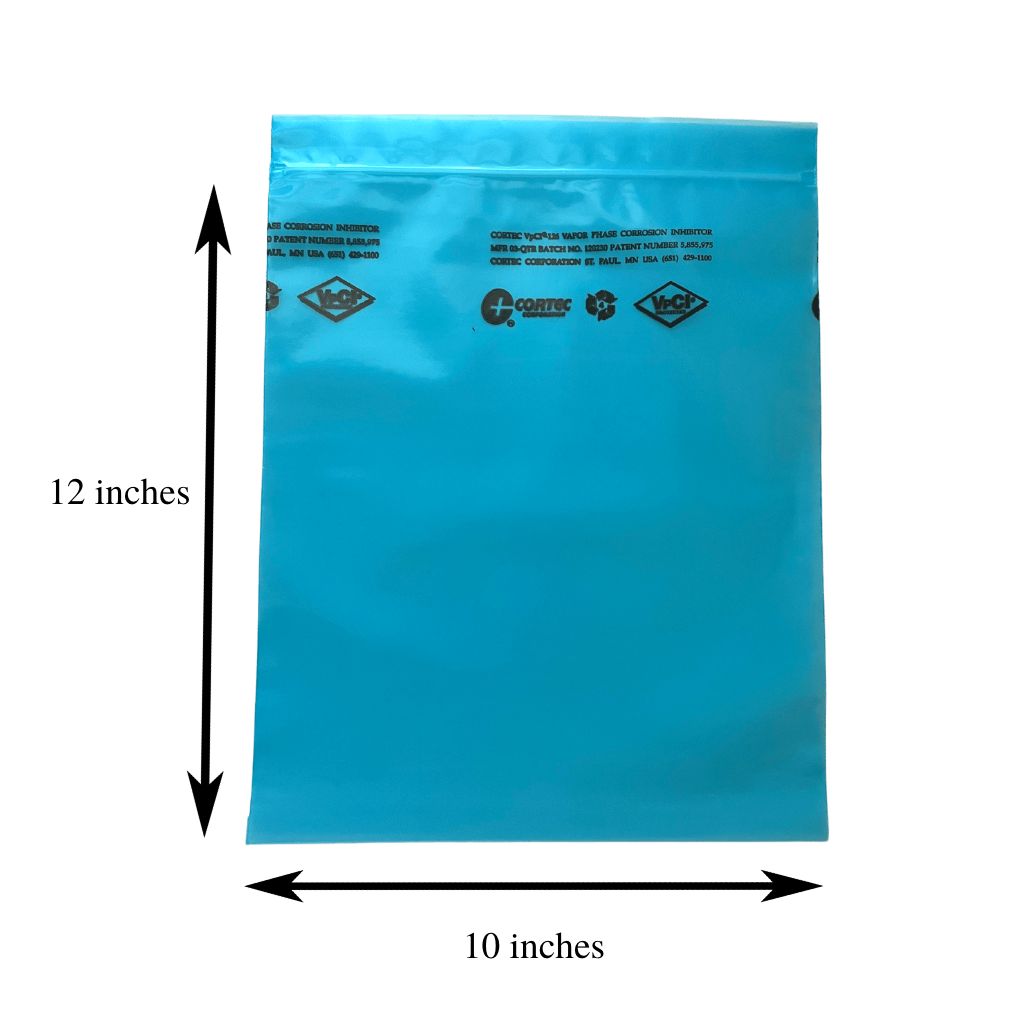 Dimensions of a Cortec VpCI-126 Bags showing 12 inches length from top seal to the end and 10 inches width from side to side.
