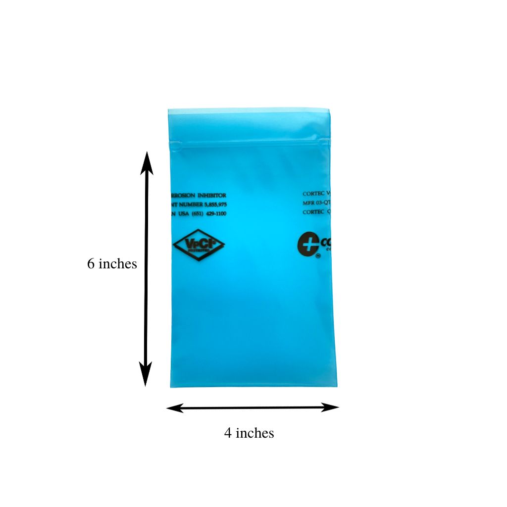 Dimensions of a Cortec VpCI-126 Bags showing 6 inches length from top seal to the end and 4 inches width from side to side.