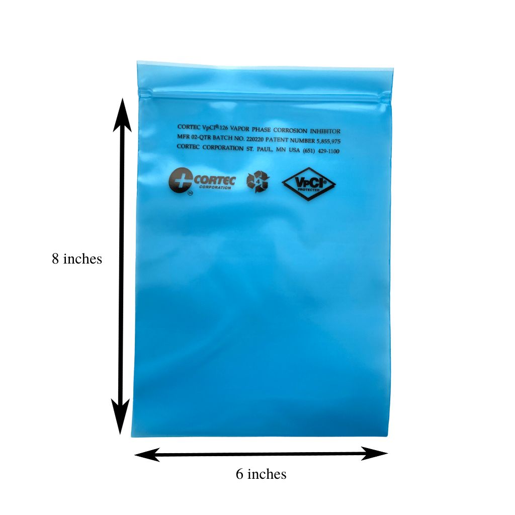 Dimensions of a Cortec VpCI-126 Bags showing 8 inches length from top seal to the end and 6 inches width from side to side.