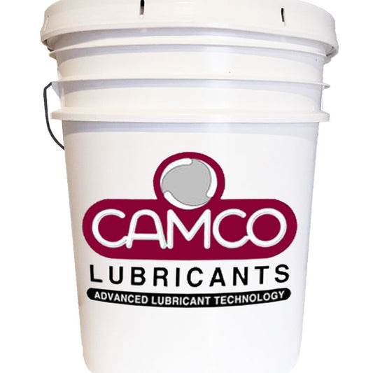 Close up of a 5 gallon Pail of CAMCO Lubricants Food Grade Synthetic Gear Oil ISO 220