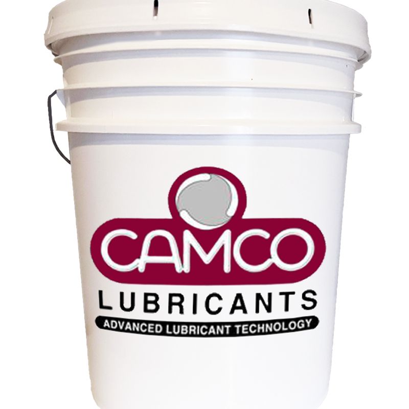Close up of a 5 gallon pail of CAMCO Lubricants Food Grade Synthetic Gear Oil ISO 320