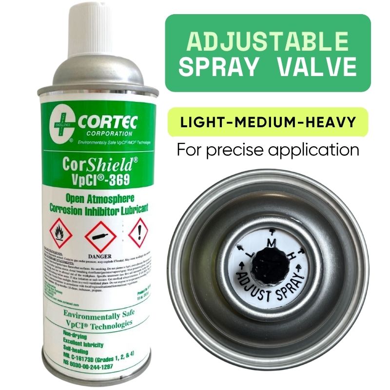 Close up of the adjustable spray valve of CorShield VpCI-369 that allows selection of light, medium or heavy flow.