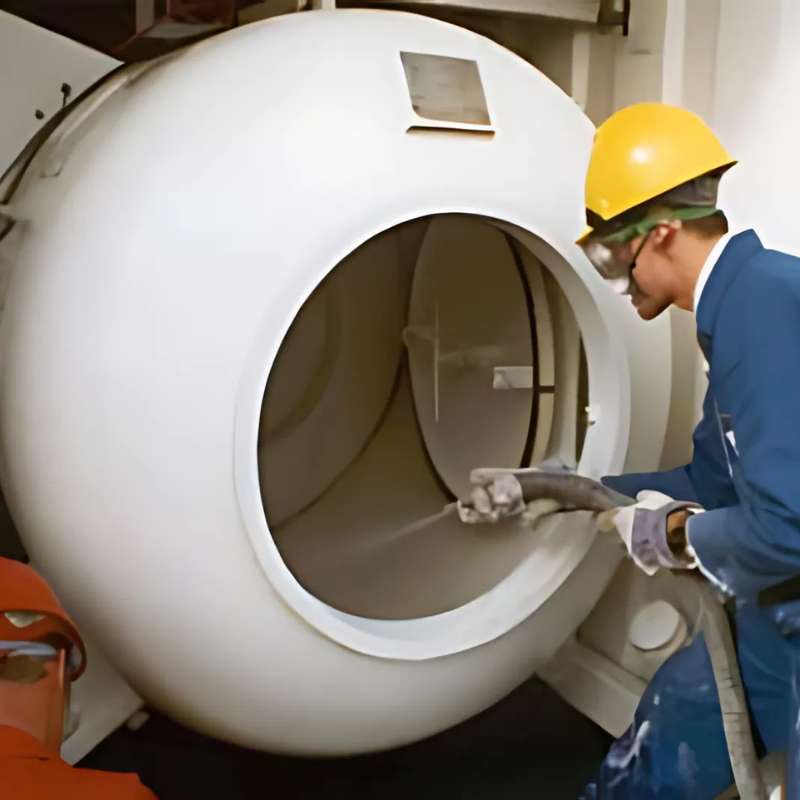 A person applying powder inside a tank.