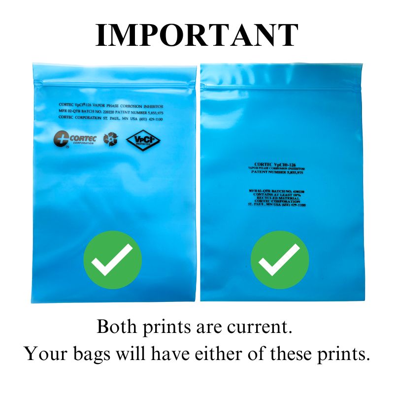 Two VpCI-126 bags. Left one shows a print including logos. Right one shows a print with text only. Both prints are current and your bags will have either of these prints.
