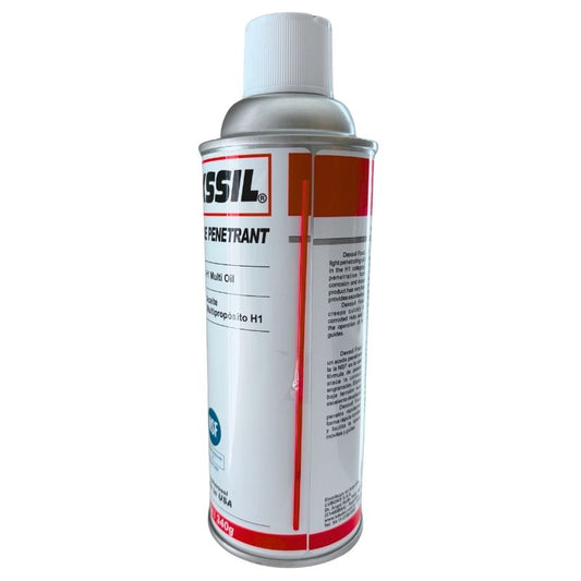 A can of Densil Penetrant Multi Oil spray, featuring a white and silver body with red and black label details, set against a plain white background.