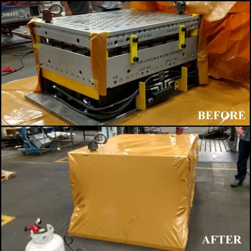 Before image of industrial equipment placed on top of extended MilCorr Film. Below, after image of the equipment fully wrapped and heat sealed with MilCorr film.