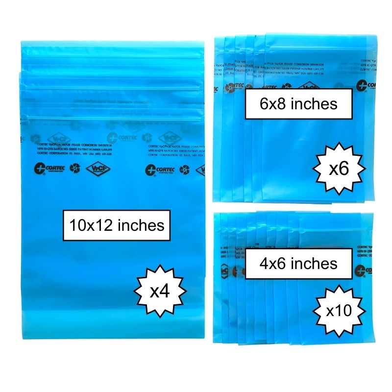 Cortec Variety Pack describing content of the pack: shows 4 count VpCI-126 zip lock bags measuring 10 inches by 12 inches, 6 count VpCI-126 zip lock bags measuring 6 inches by 8 inches and 10 count VpCI-126 zip lock bags measuring 4 inches by 6 inches.