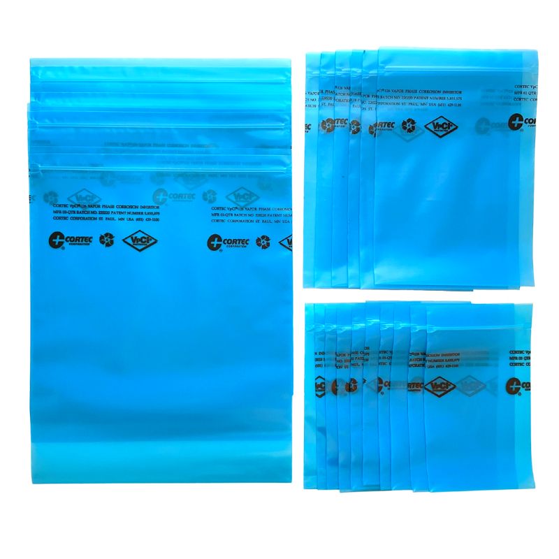 Cortec Variety Pack with 4 count VpCI-126 zip lock bags measuring 10 inches by 12 inches, 6 count VpCI-126 zip lock bags measuring 6 inches by 8 inches and 10 count VpCI-126 zip lock bags measuring 4 inches by 6 inches.