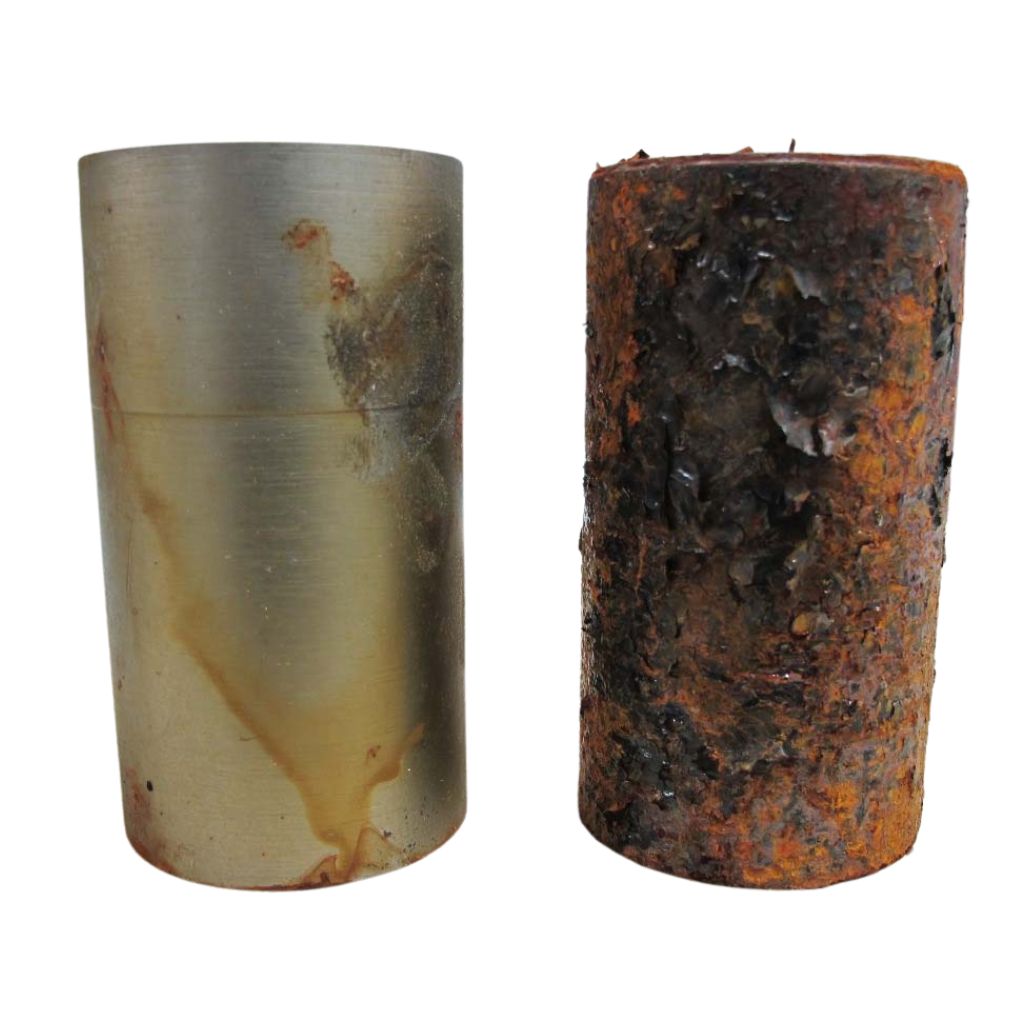Rust free metal part that has been protected with Cortec VpCI-368 next to rusted unprotected metal part.