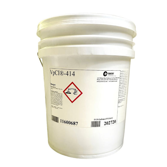 A 5 gallon pail of Cortec VpCI-414 Heavy Duty Cleaner and Degreaser.