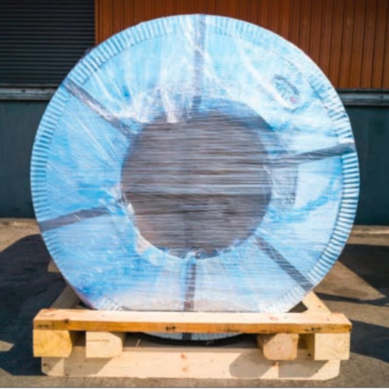 Steel coil fully wrapped in Anti Rust VCI stretch Wrap.