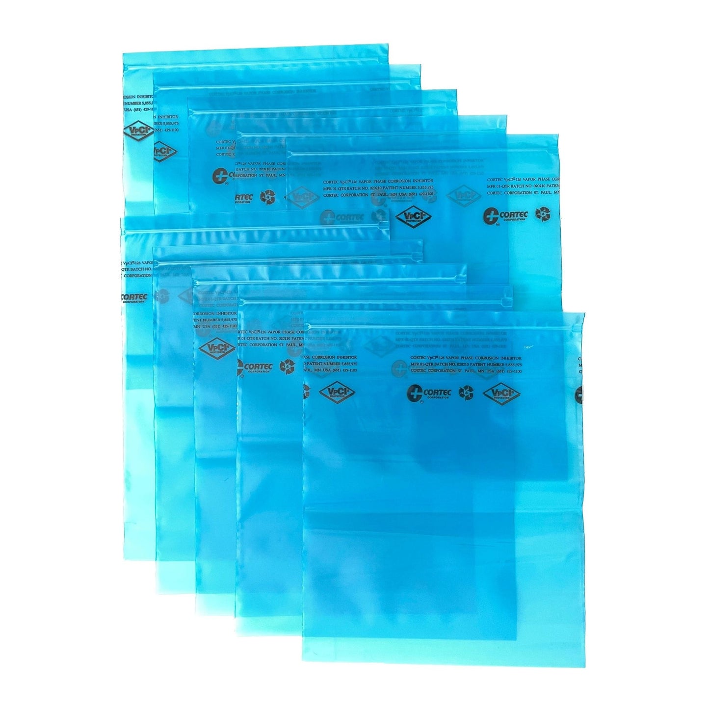 10 count of Cortec VpCI-126 Blue Zip Top VCI Bags each measuring 10 inches by 12 inches.