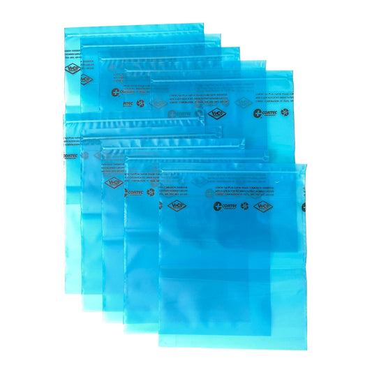 10 count of Cortec VpCI-126 Blue Zip Top VCI Bags each measuring 10 inches by 12 inches.