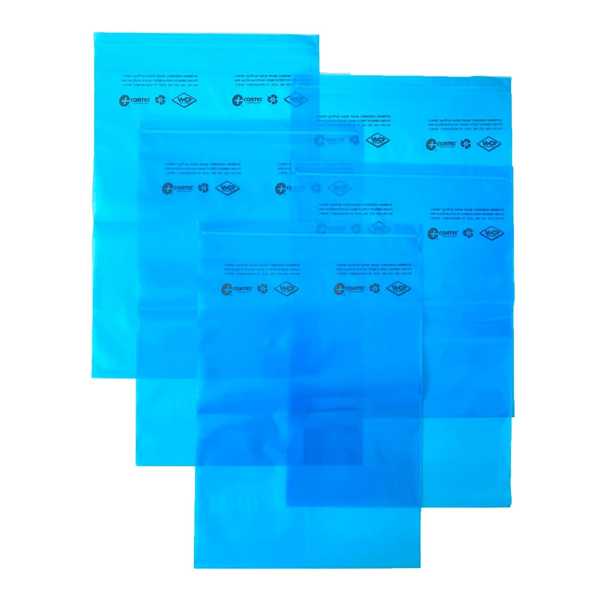 5 count of Cortec VpCI-126 Blue Zip Top VCI Bags each measuring 12 inches by 18 inches.