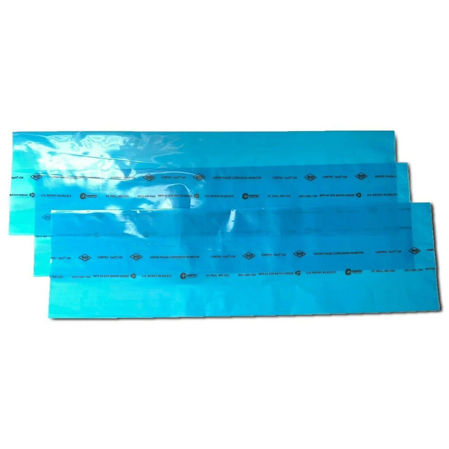 3 count of Cortec VpCI-126 Blue Gun Bags laid flat.