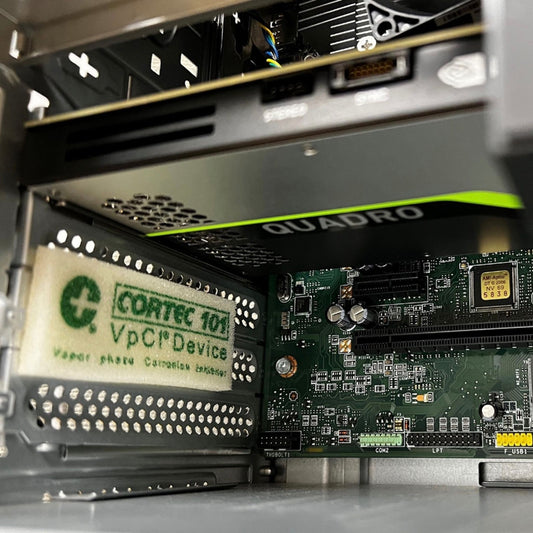 VpCI-101 anti rust foam inside a box with printed circuits for rust prevention.