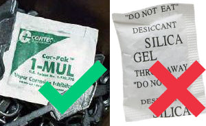 1 MUL packet next with a green tick next to a silica gel packet with a red cross.
