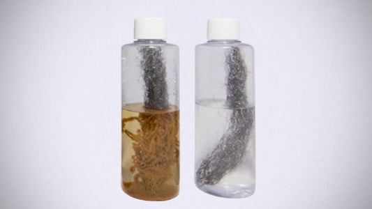 Side by side comparison of two metal parts placed each in a bottle with water. First one is unprotected and rusted. Second one has been treated with VCI and shows no rust.