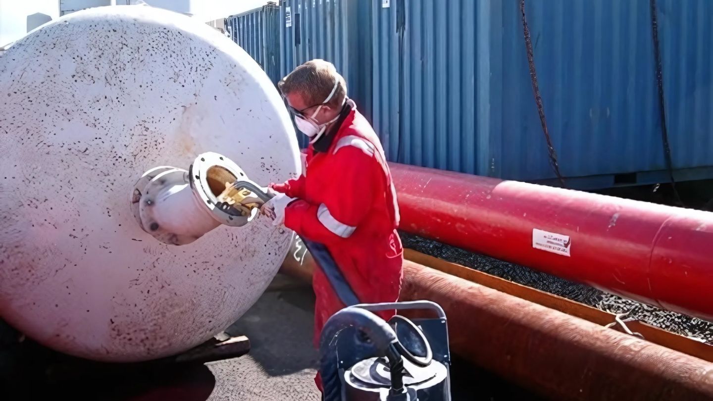 VCI powder being applied on a metal tank for rust prevention.