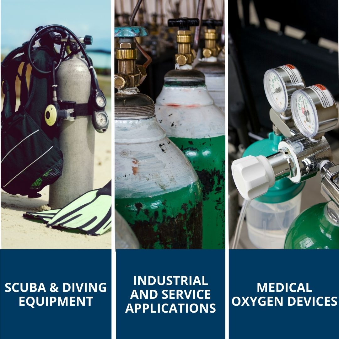 Collage of scuba diving equipment, industrial oxygen tanks, and medical oxygen devices with labels below each.