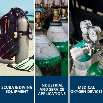 Collage of scuba diving equipment, industrial oxygen tanks, and medical oxygen devices with labels below each.