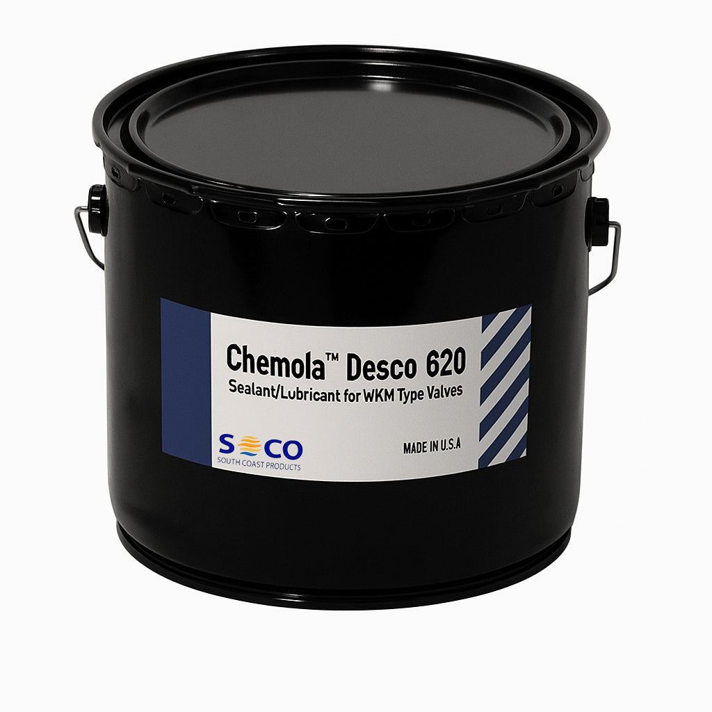 A black metal pail of Chemola Desco 620 sealant and lubricant for WKM valves.