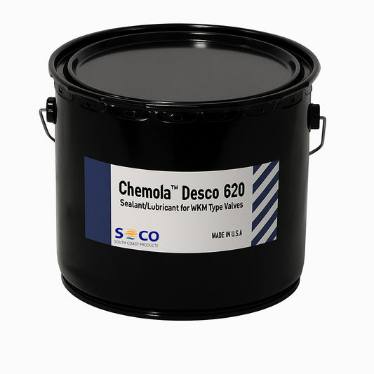 A black metal pail of Chemola Desco 620 sealant and lubricant for WKM valves.