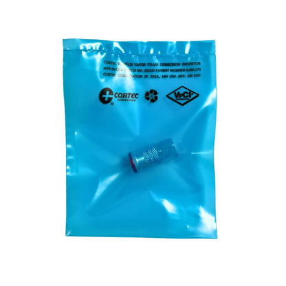 A Cortec VpCI-126 Heat Sealable Bag that has been sealed and contains a metal part inside.