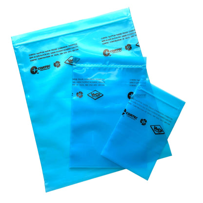 Three Cortec VpCI-126 Anti rust zip lock bags in different sizes.