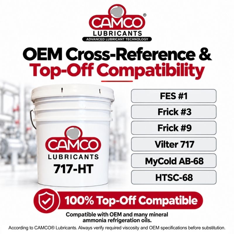 CAMCO Lubricants 717-HT top-off compatibility with FES #1, Frick #3, Frick #9, Vilter 717, MyCold AB-68 and HTSC-68.