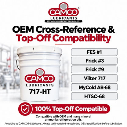 CAMCO Lubricants 717-HT top-off compatibility with FES #1, Frick #3, Frick #9, Vilter 717, MyCold AB-68 and HTSC-68.