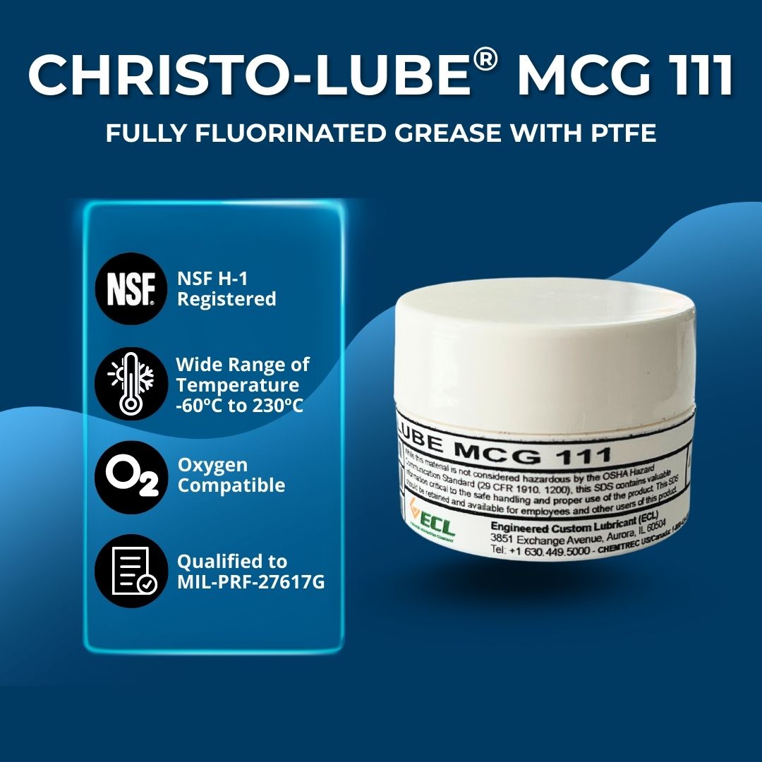 Christo-Lube MCG 111 grease container with features on a blue background.
