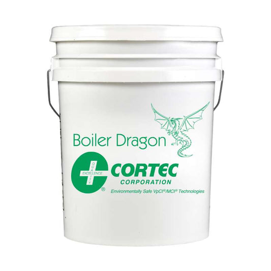 A pail with Cortec and Boiler Dragon logos.