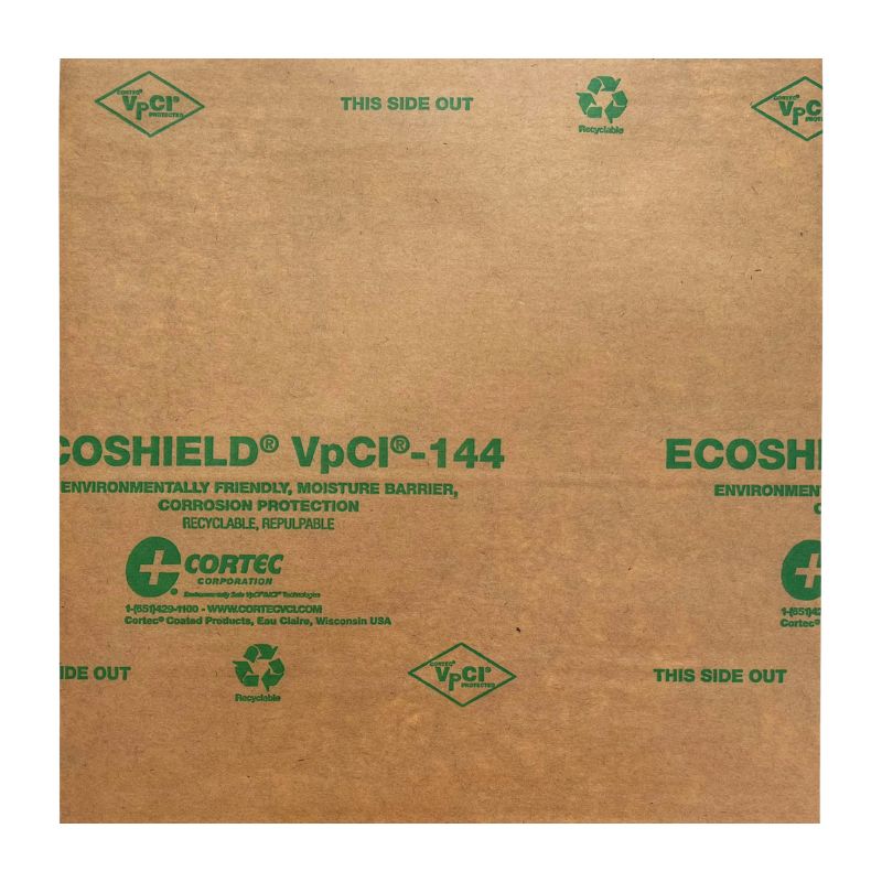 A piece of Cortec EcoShield VpCI-144 Barrier Paper with its coated side up.