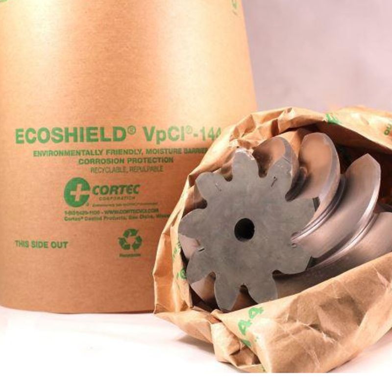 A metal part wrapped in Cortec EcoShield VpCI-144 barrier paper.