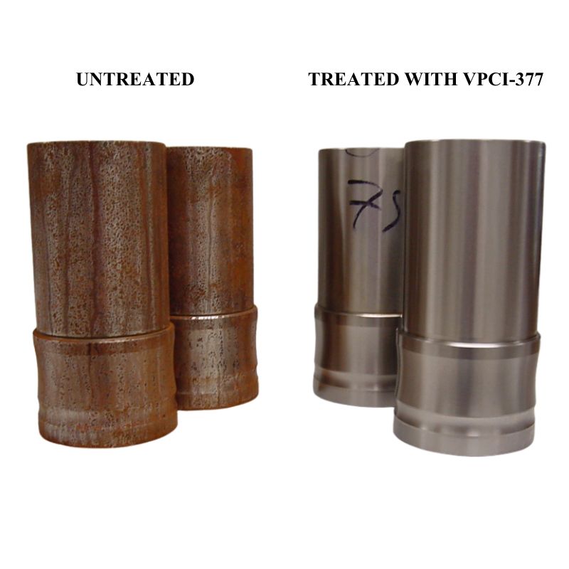 Metal pieces untreated and corroded next to clean and rust free metal pieces treated with Cortec VpCI 377.