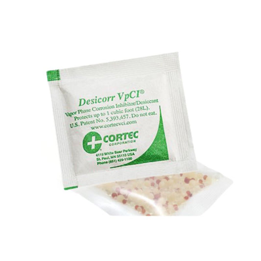 A pouch of Desicorr VpCI showing a windowed side with indicating spheres.