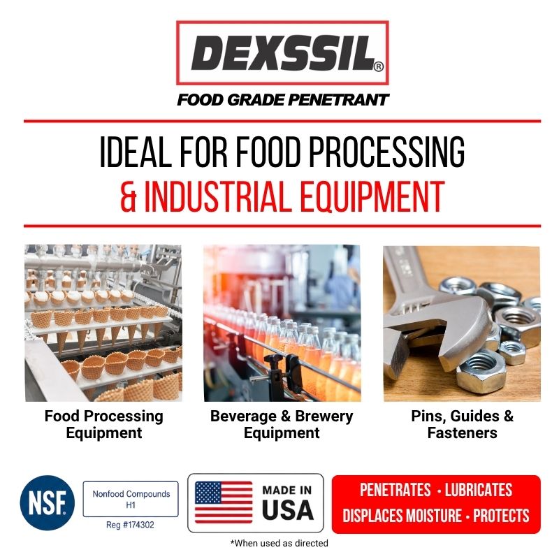 Dexssil food grade penetrant promotional graphic with the brand logo at the top, text reading 'Ideal for food processing & industrial equipment,' three example application photos (cone molding, beverage bottles, hardware), and feature badges including NSF and Made in USA.