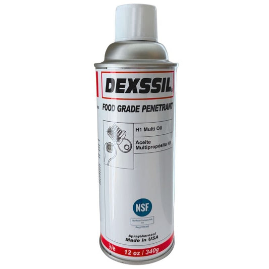 A 12 oz can of Dexsil Food Grade Penetrant H1 Multi Oil spray, featuring a white cap, silver metal body, and a white label with red and black text.
