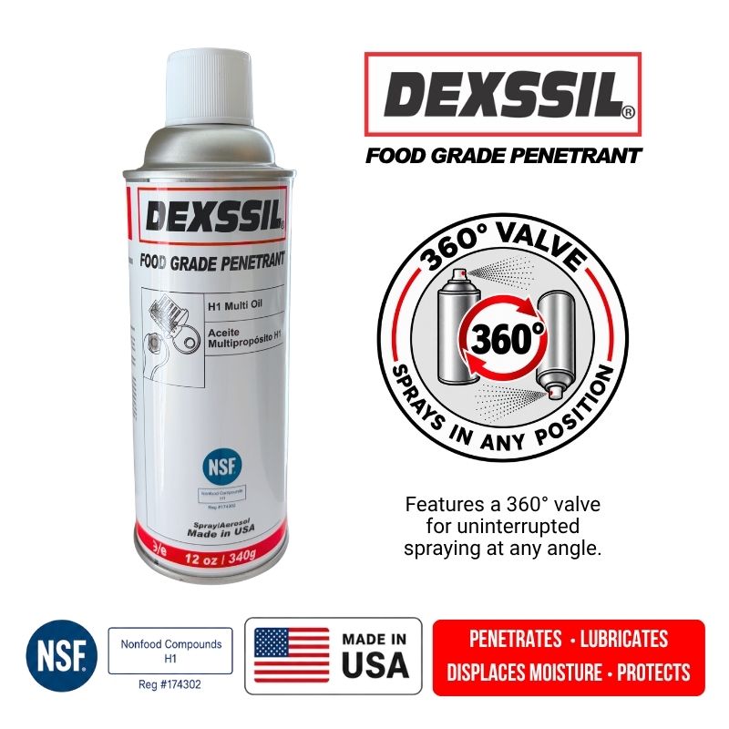 Dexsil Food Grade Penetrant spray can shown on a white background with product information graphics, including a 360-degree valve feature, NSF certification, Made in USA badge, and red feature callouts.