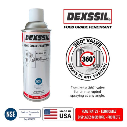 Dexsil Food Grade Penetrant spray can shown on a white background with product information graphics, including a 360-degree valve feature, NSF certification, Made in USA badge, and red feature callouts.