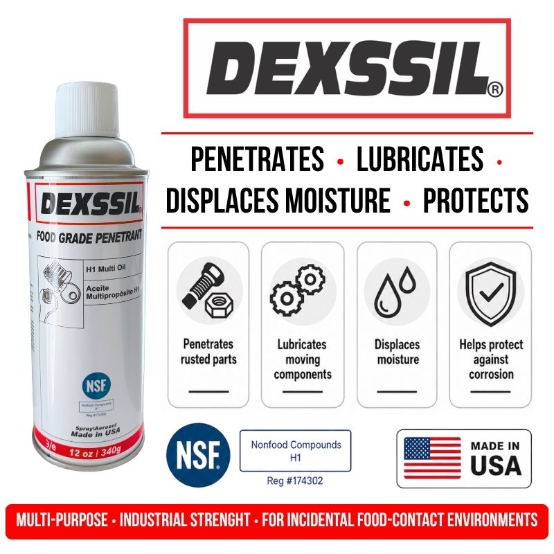 Dexssil H1 Multi-Use lubricant and penetrant canister on a white background with product information, feature icons, NSF certification, Made in USA badge, and a red banner at the bottom.