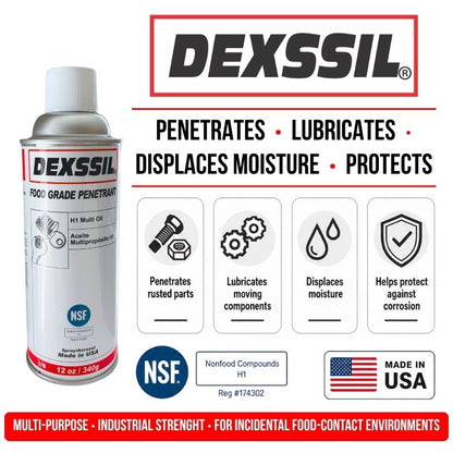 Dexssil H1 Multi-Use lubricant and penetrant canister on a white background with product information, feature icons, NSF certification, Made in USA badge, and a red banner at the bottom.