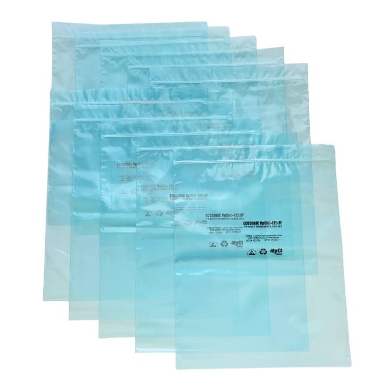 A pack of 10 Ecosonic VpCI 125 HP zip lock anti rust ESD poly bags.