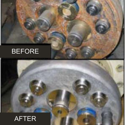 Rusted metal piece compared to clean piece after treating with EcoClean VpCI-423 Rust Remover.