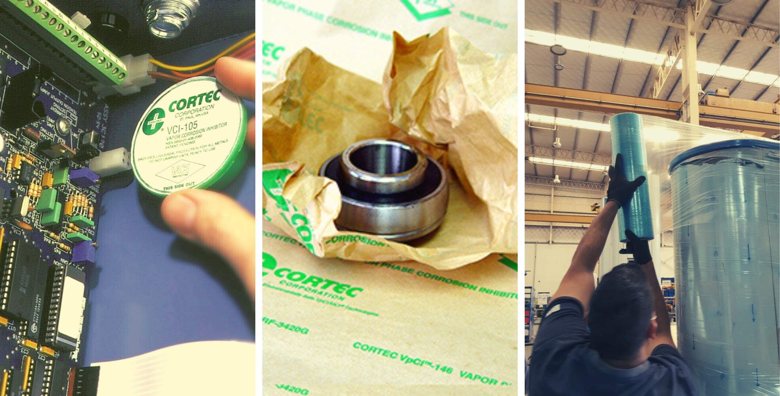 Collage containing a VpCI-105 emitter being placed next to electronic component, a bearing wrapped in VpCI-146 paper and a person wrapping a metal part with VpCI-126 Stretch Wrap.