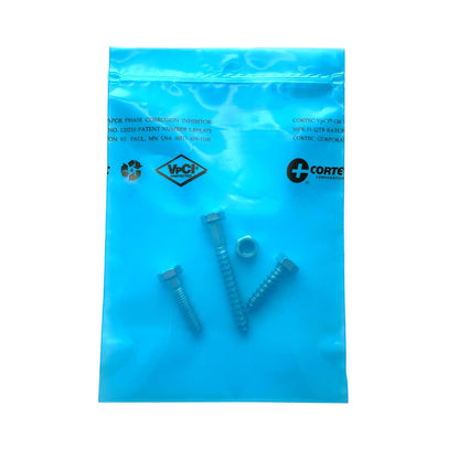 A Cortec VpCI-126 Zip Top bags containing metal nuts and screws.