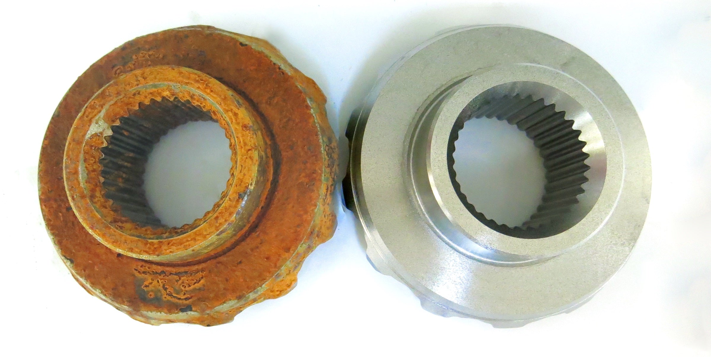 Rusted metal part next to rust free metal part protected with Cortec anti rust VCI volatile corrosion inhibitor.