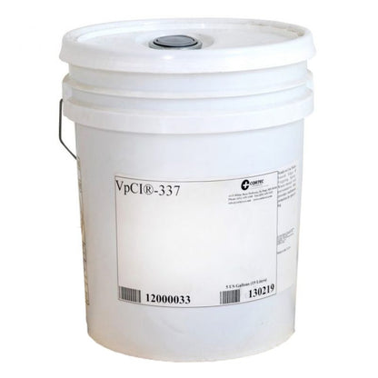 A 5 gallon pail of Cortec VpCI-337 Water Based rust inhibitor.