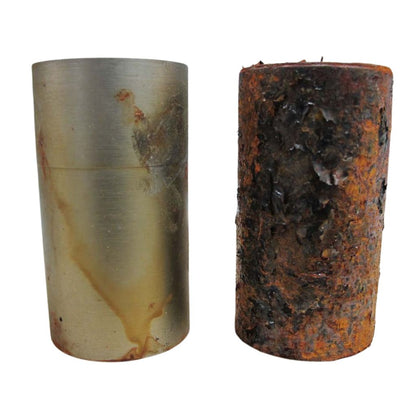 Rust free metal part that has been protected with Cortec VpCI-368 next to rusted unprotected metal part.